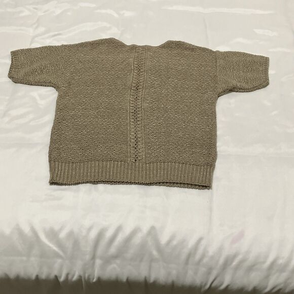 Beige Tan Crochet Open Knit Sweater Vintage USA Sheer Accent Detail Short Sleeve - Picture 4 of 5